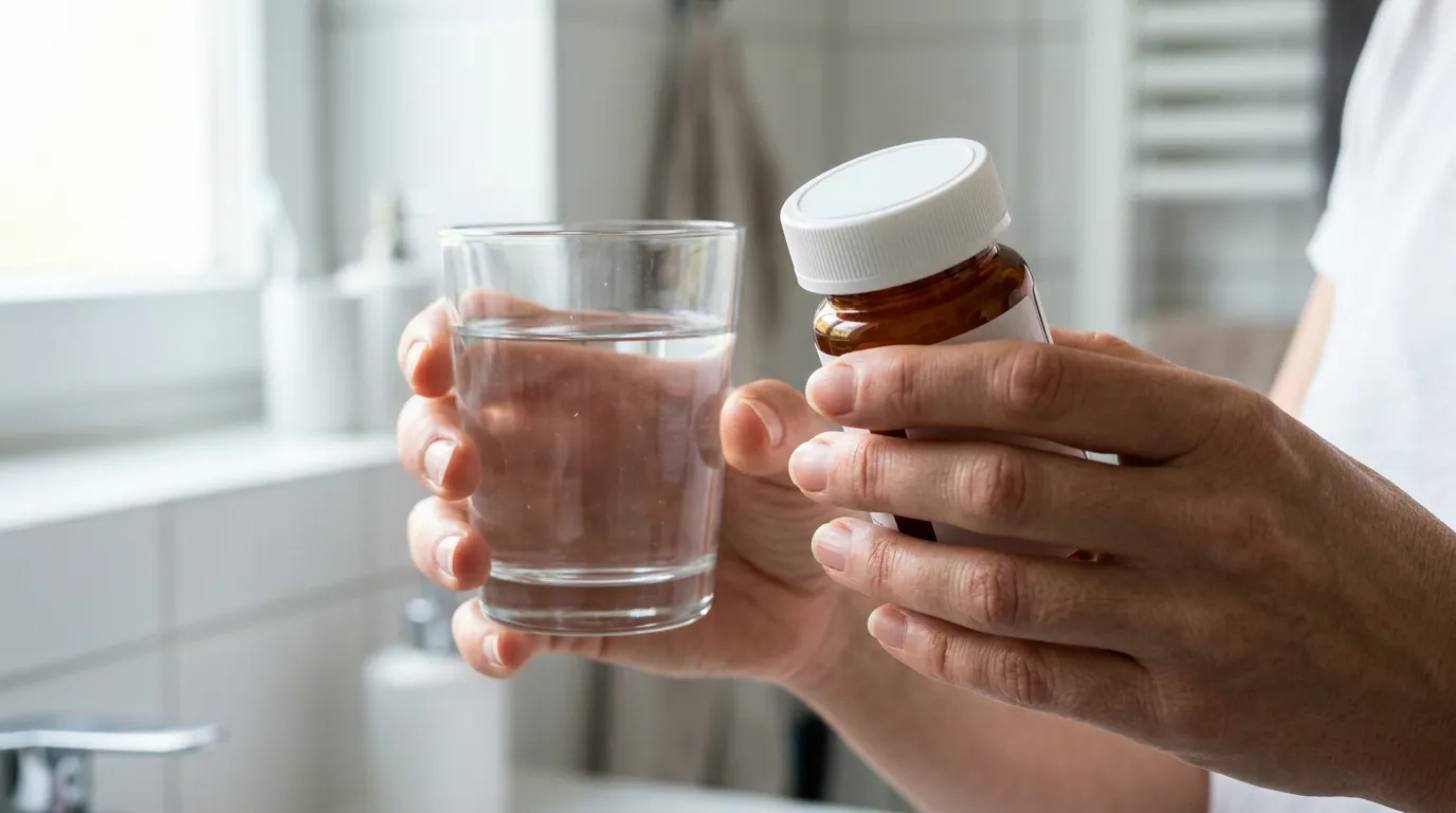 Majitelka salonu pije vodu u recepčního pultu, symbolizující péči o zdraví