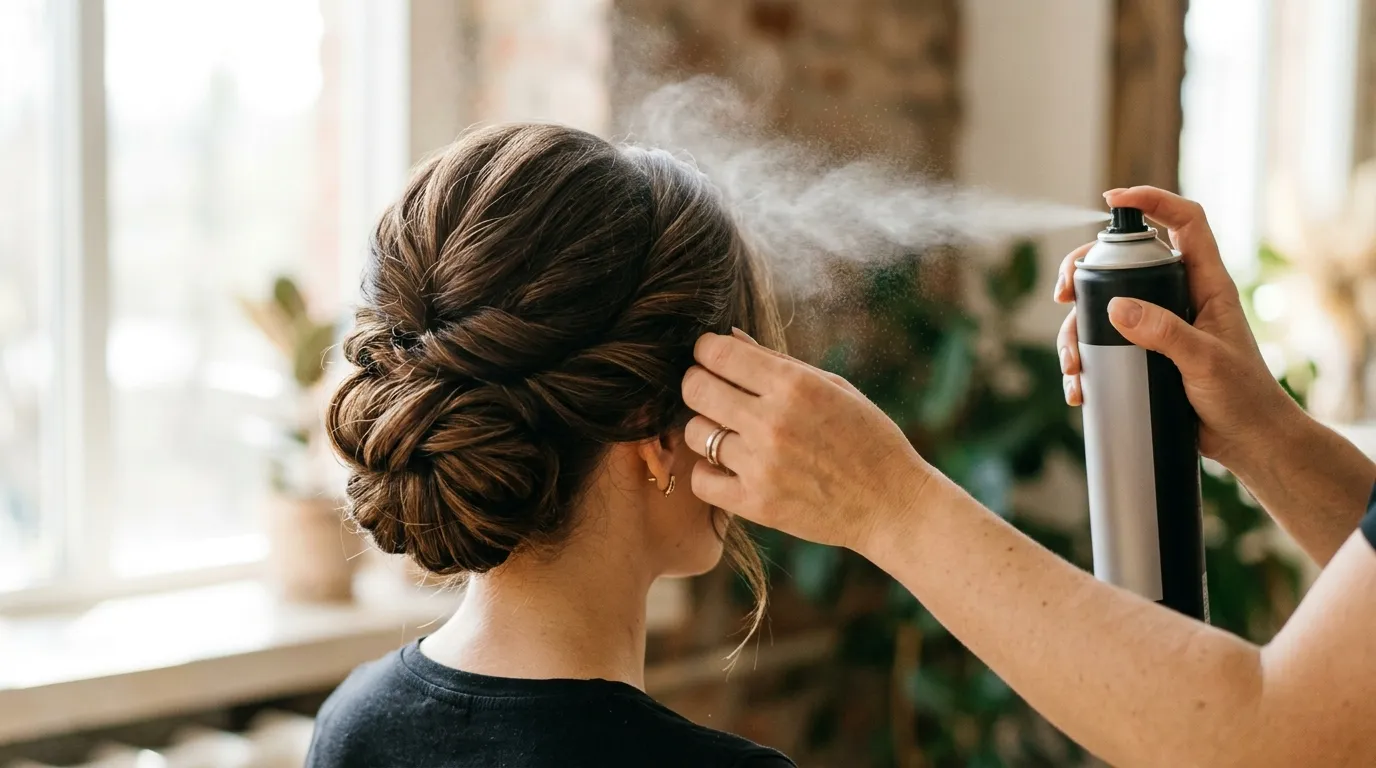 detailní záběr na aplikaci laku na vlasy na hotový výčes