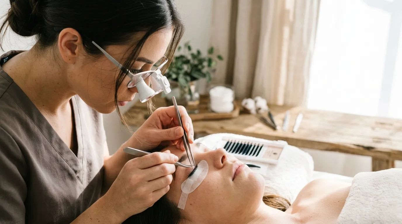 Detailní záběr na lash stylistku při práci s profesionálním osvětlením a ochrannými pomůckami.