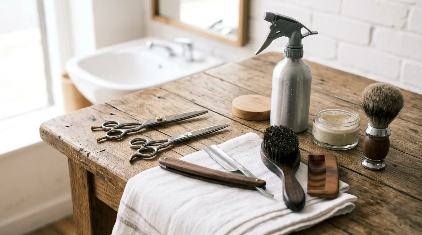 Profesionální kadeřnické strojky a hřebeny připravené na pracovní ploše v barbershopu