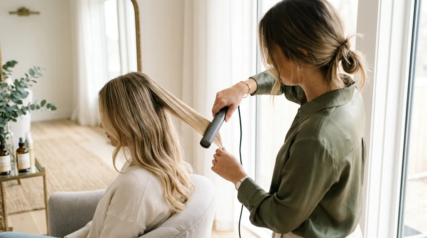 kadeřník používající žehličku na pramen blond vlasů