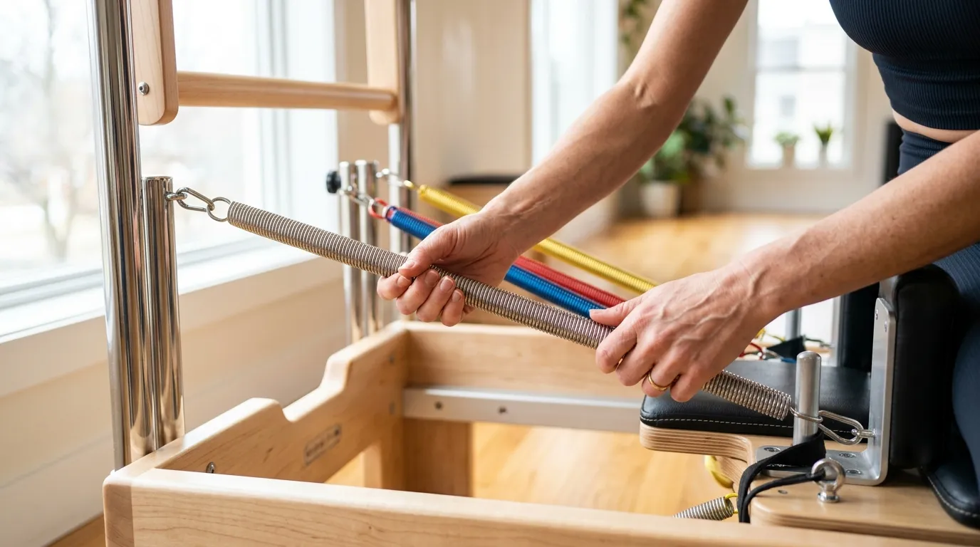 detailní záběr na ruce nastavující pružiny na pilates stroji reformer