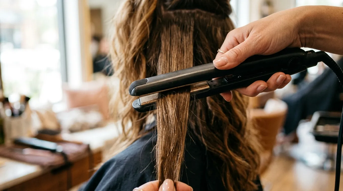 Detailní záběr na profesionální žehličku při zapracování keratinu do vlasového vlákna