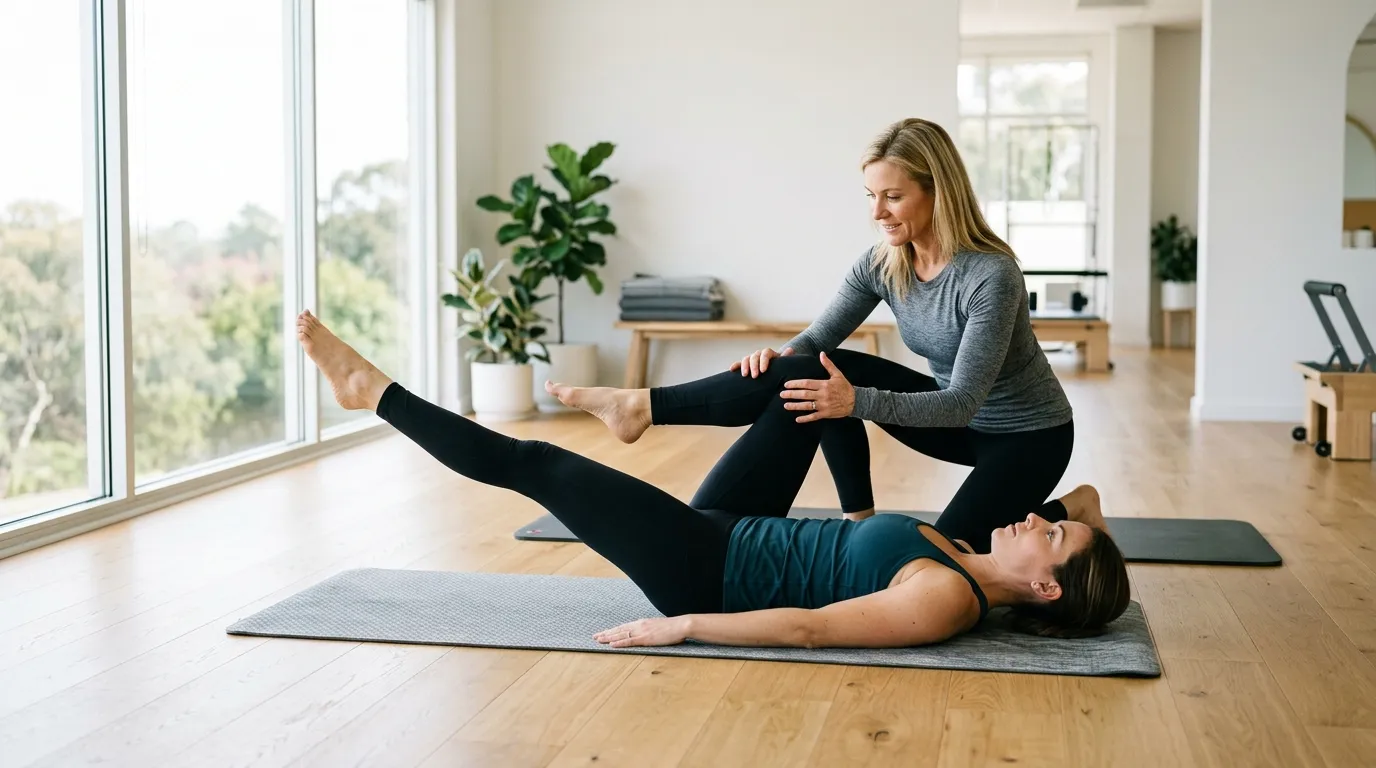 profesionální instruktor vede klienta při cvičení na podložce v pilates studiu
