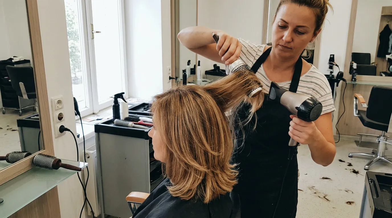 Žena s novým, svěžím účesem se usmívá v kadeřnictví
