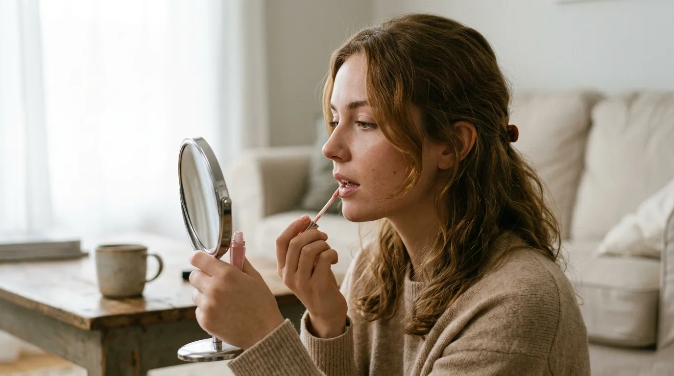 Žena nanášející růžový lesk na rty při pohledu do malého zrcátka