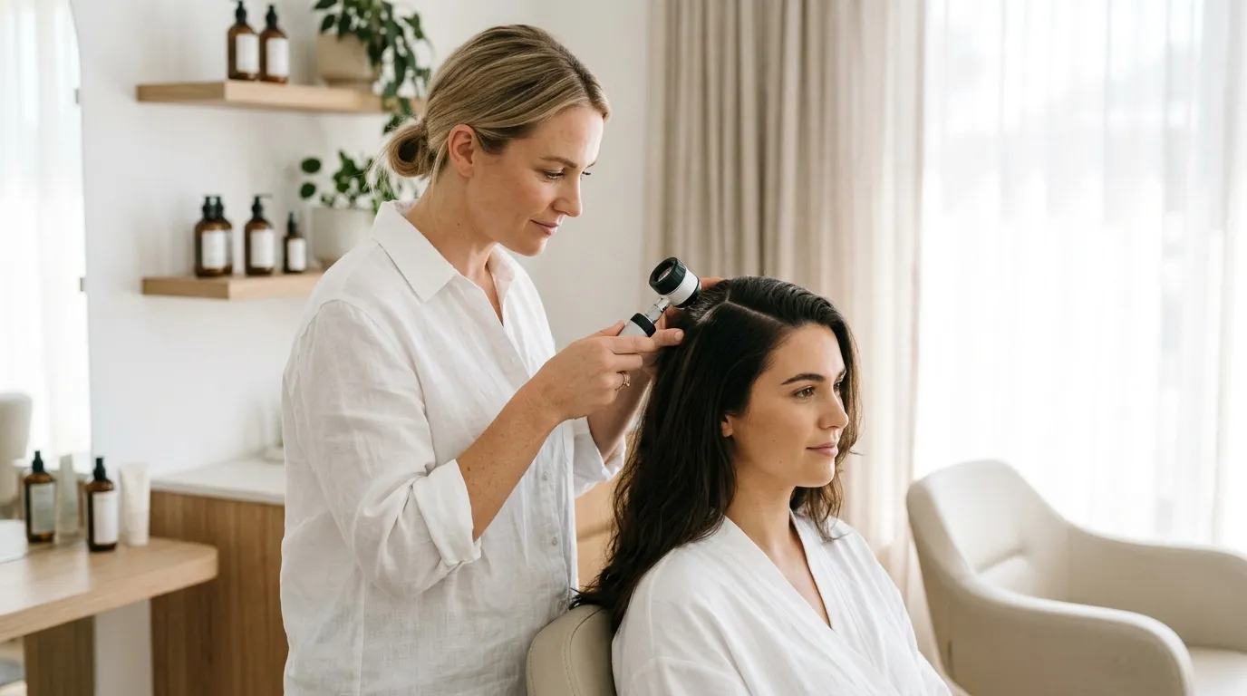 Profesionální stylista vyšetřující pokožku hlavy klientky pomocí trichologické kamery