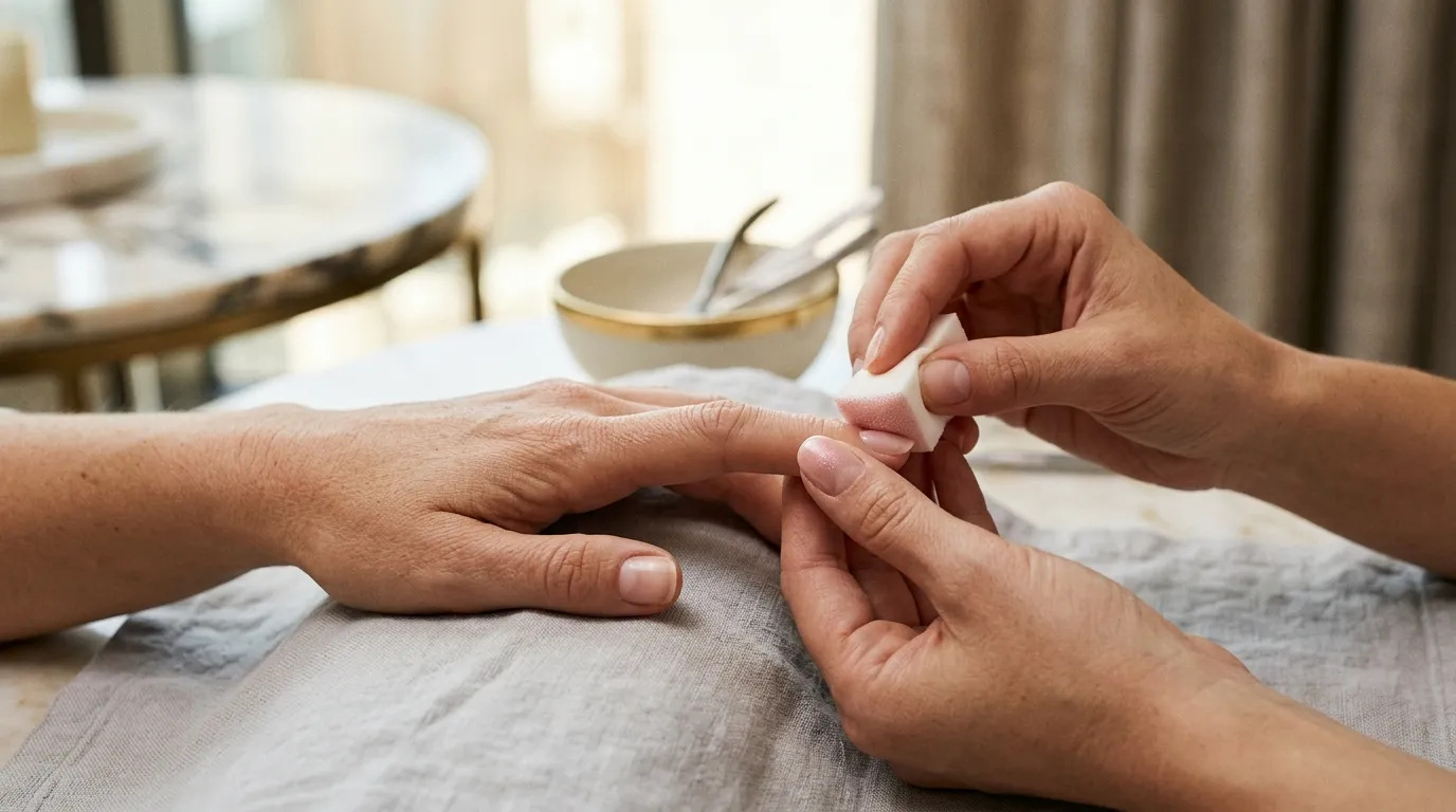 Detailní záběr na manikérku nanášející gel lak pomocí houbičky na nehet klientky