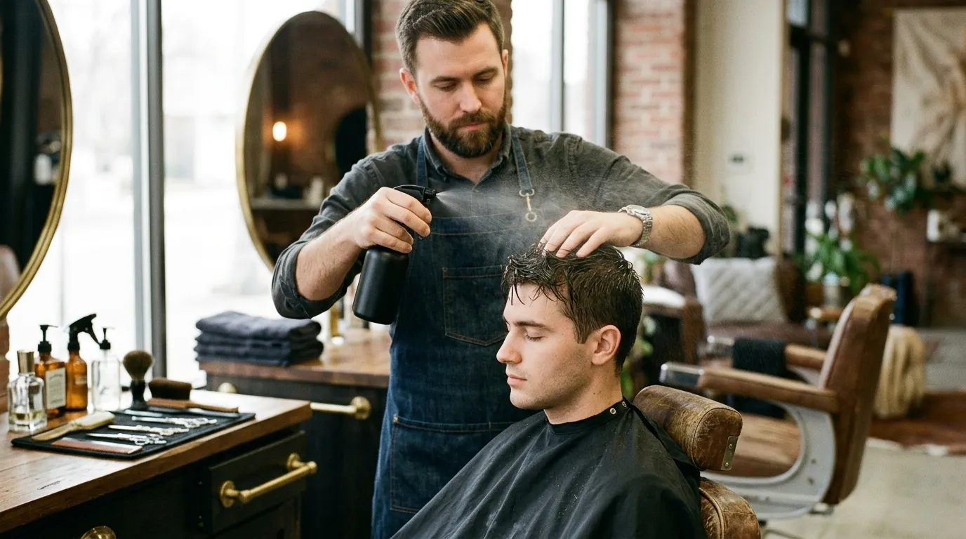 Kadeřník aplikující stylingový sprej na vlasy klienta v moderním salonu