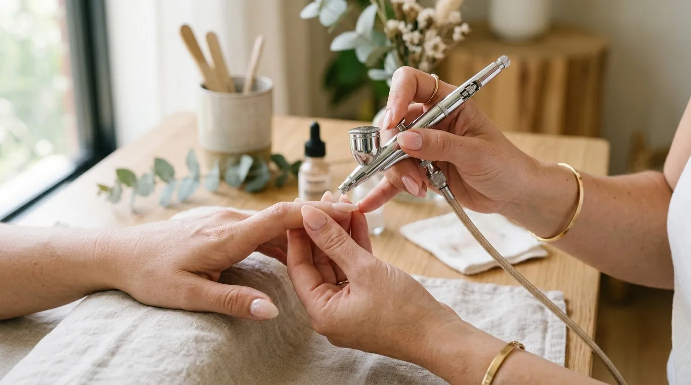 Ruce manikérky držící profesionální airbrush pistoli nad nehtem pro tvorbu ombre přechodu