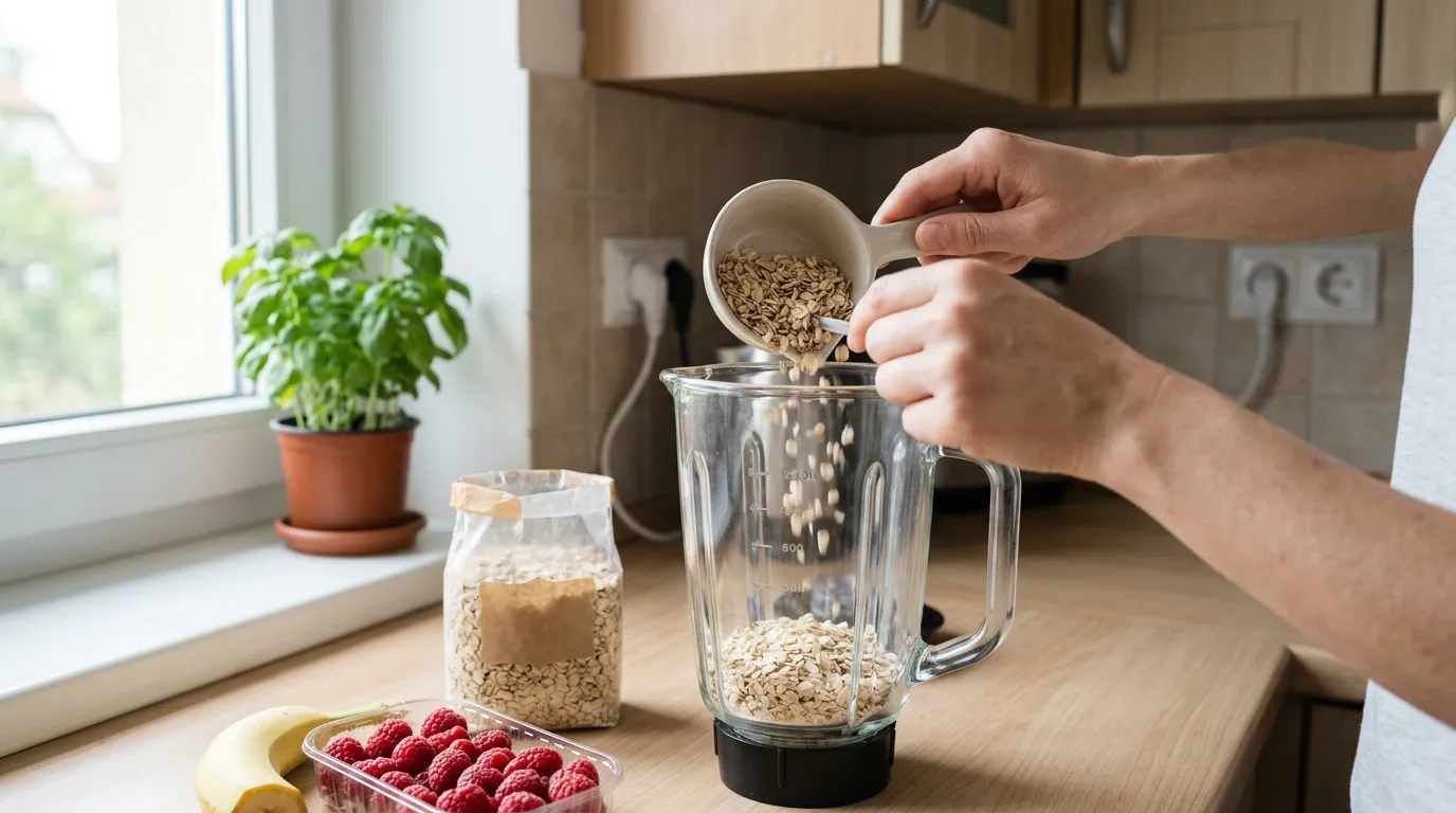 Žena drží lahvičku s probiotiky, na stole je zdravé jídlo