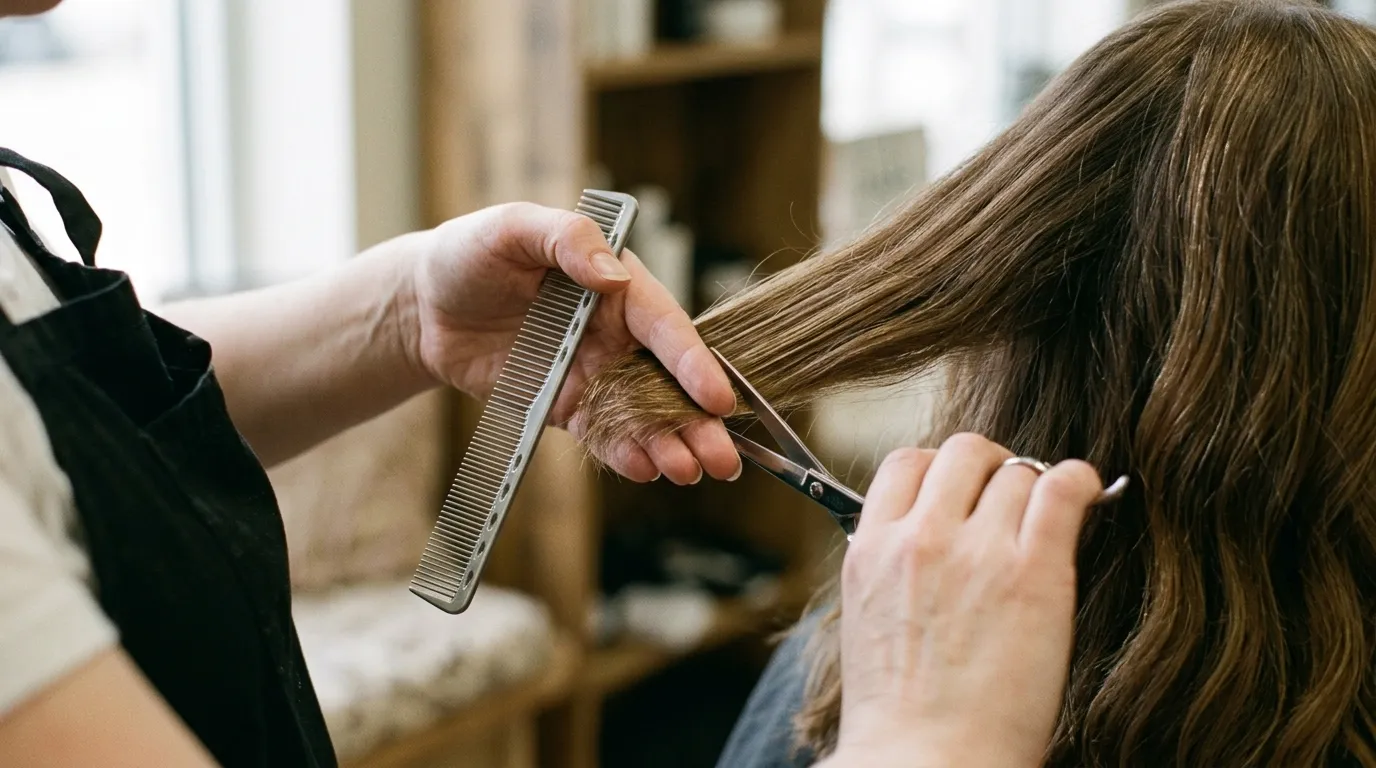 Kadeřnické nůžky a hřeben v rukou stylisty při sekcionování vlasů