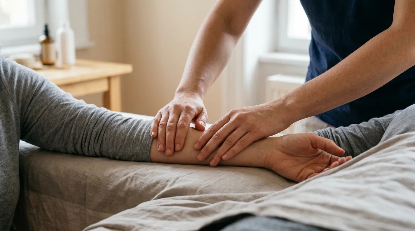 Detail rukou masérky provádějící jemnou lymfatickou masáž na noze klienta
