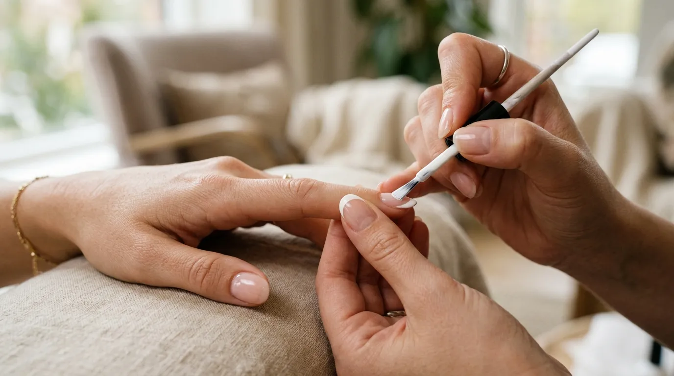 Detailní záběr na manikérku, která precizně nanáší bílý lak na špičku nehtu klientky