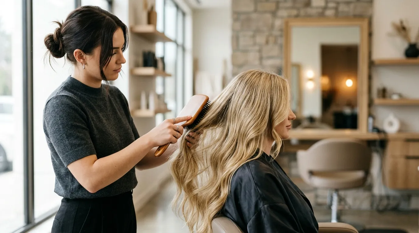 Kadeřnice češe dlouhé blond prodloužené vlasy v salonu