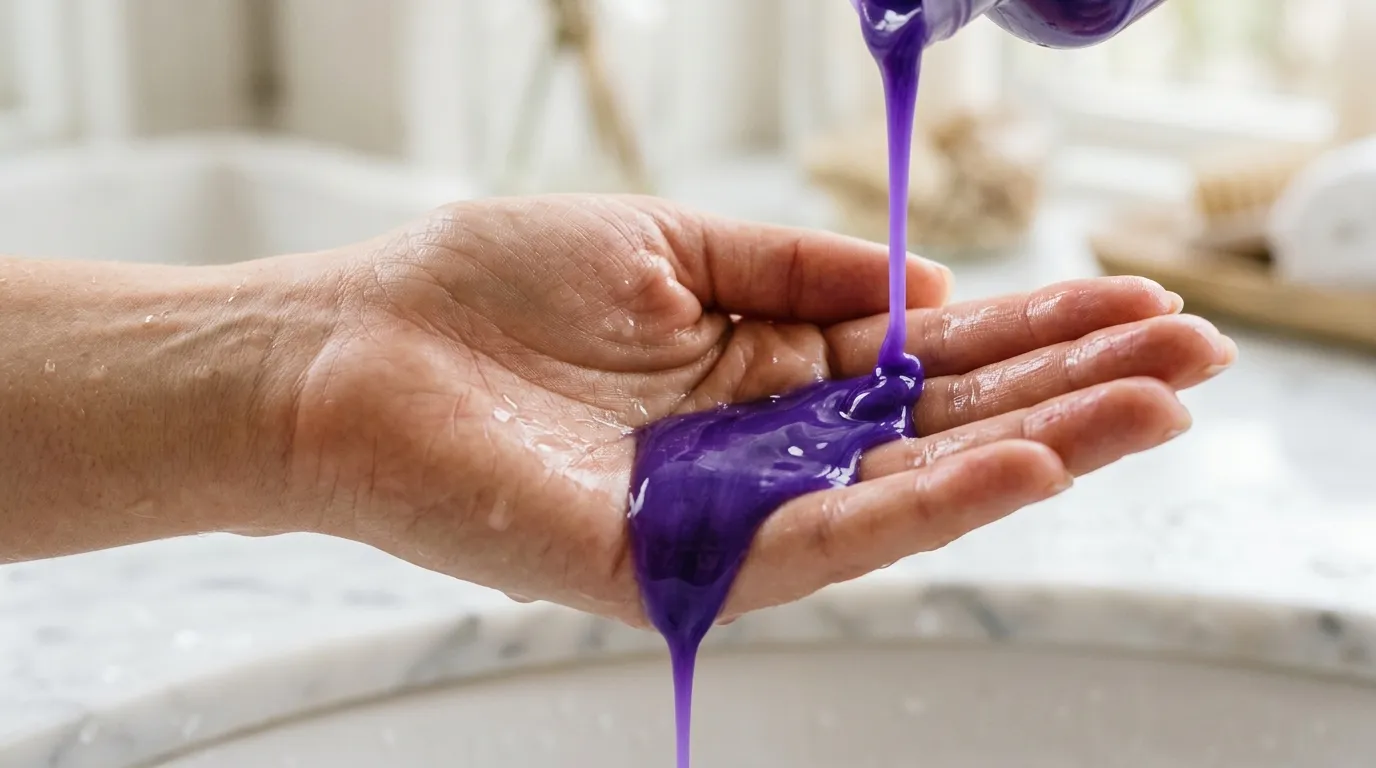 Detailní záběr na fialový šampon stékající na ruku v koupelně