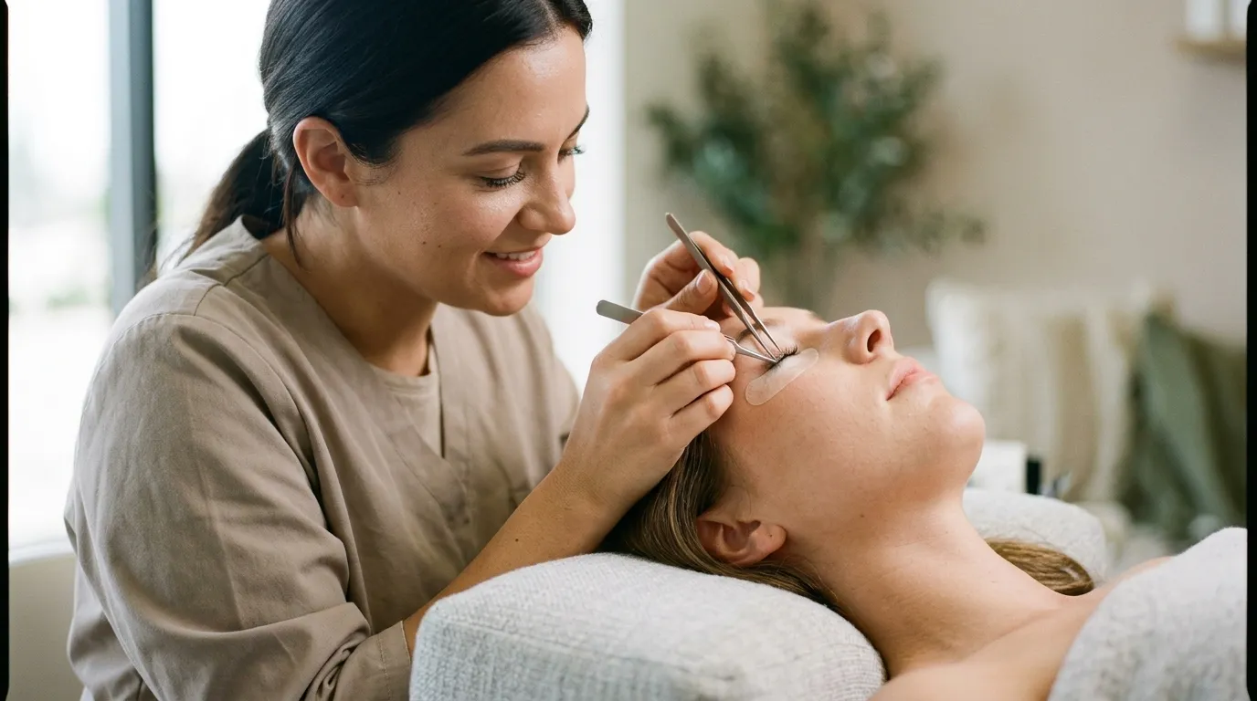 Detailní záběr stylisty aplikujícího precizní péči na řasy ležící klientky v salonu