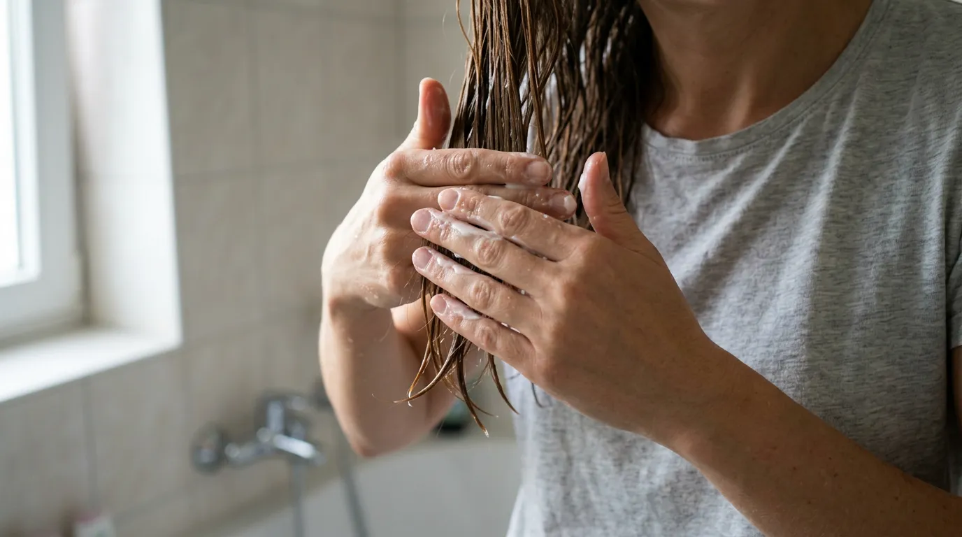 Žena si jemně prohrabuje dlouhé, lesklé vlasy, symbolizující zdravou péči