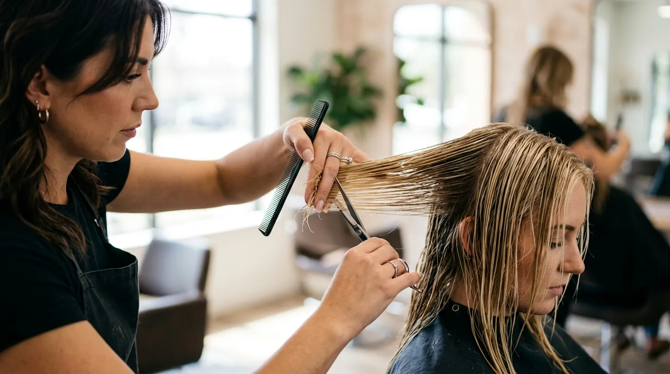 Kadeřnice stříhající mokré blond vlasy nůžkami v salonu
