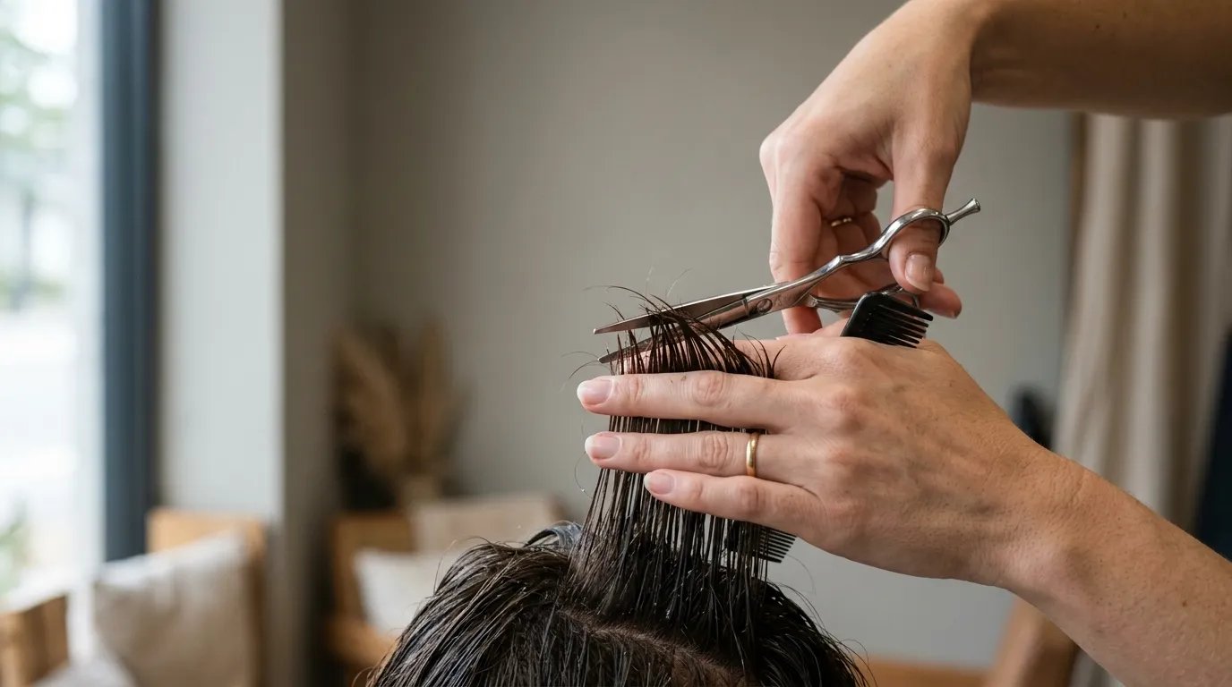 Detailní záběr na ruce stylisty stříhající mokrý pramen vlasů profesionálními nůžkami
