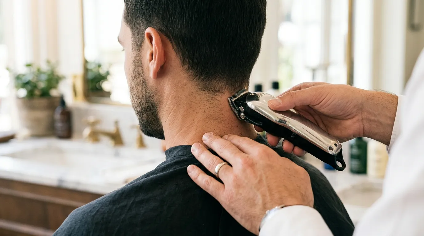 Ruce barbera precizně stříhající krk klienta pomocí strojku