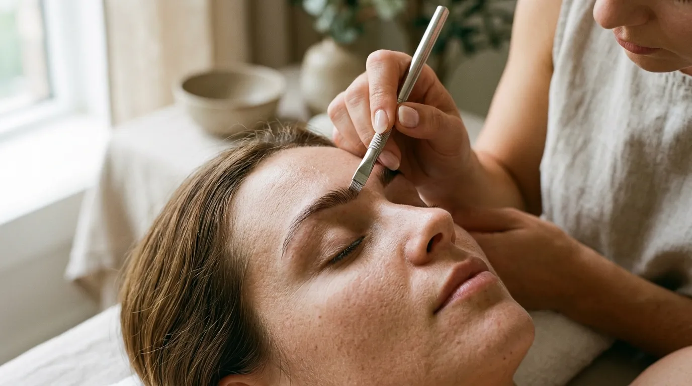 detailní pohled na čepelku microbladingu při aplikaci pigmentu do kůže