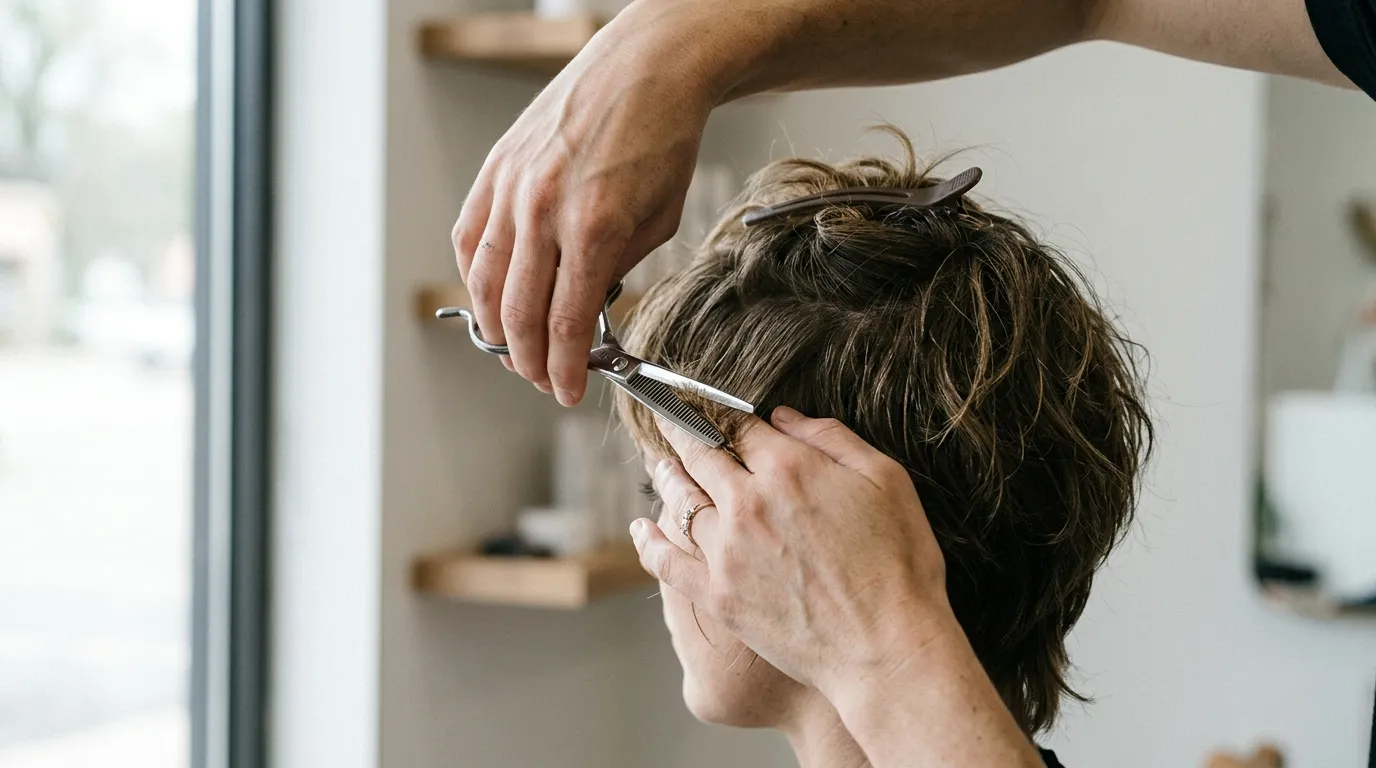Detailní záběr rukou stylisty používajícího texturizační nůžky na krátké vrstvy vlasů