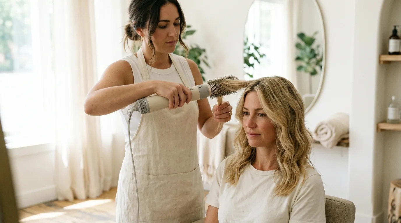 Profesionální stylista aplikuje rotační kulmofén na pramen světlých vlasů pro dosažení objemu
