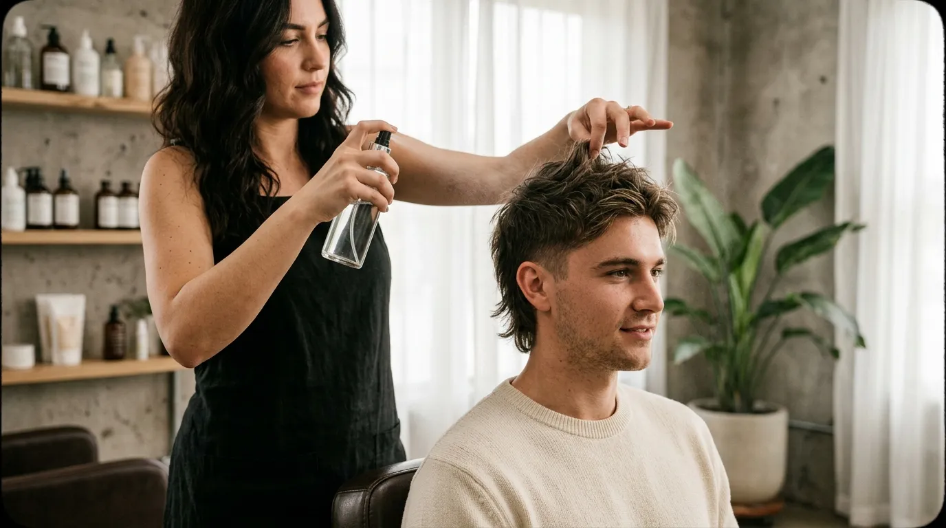 Stylista nanáší slaný sprej na moderní soft mullet pro podporu textury