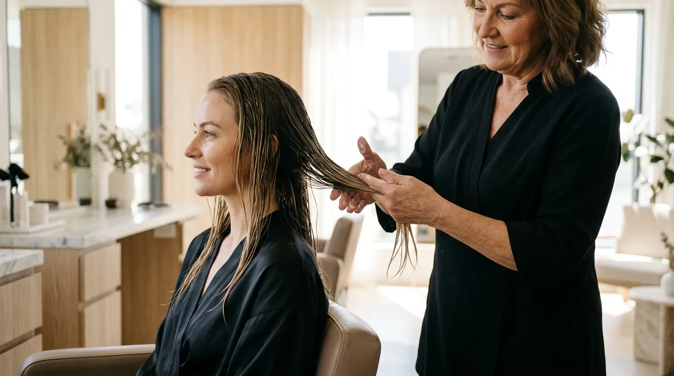Kadeřník nanášející stylingový přípravek na sekci vlhkých vlasů před navíjením