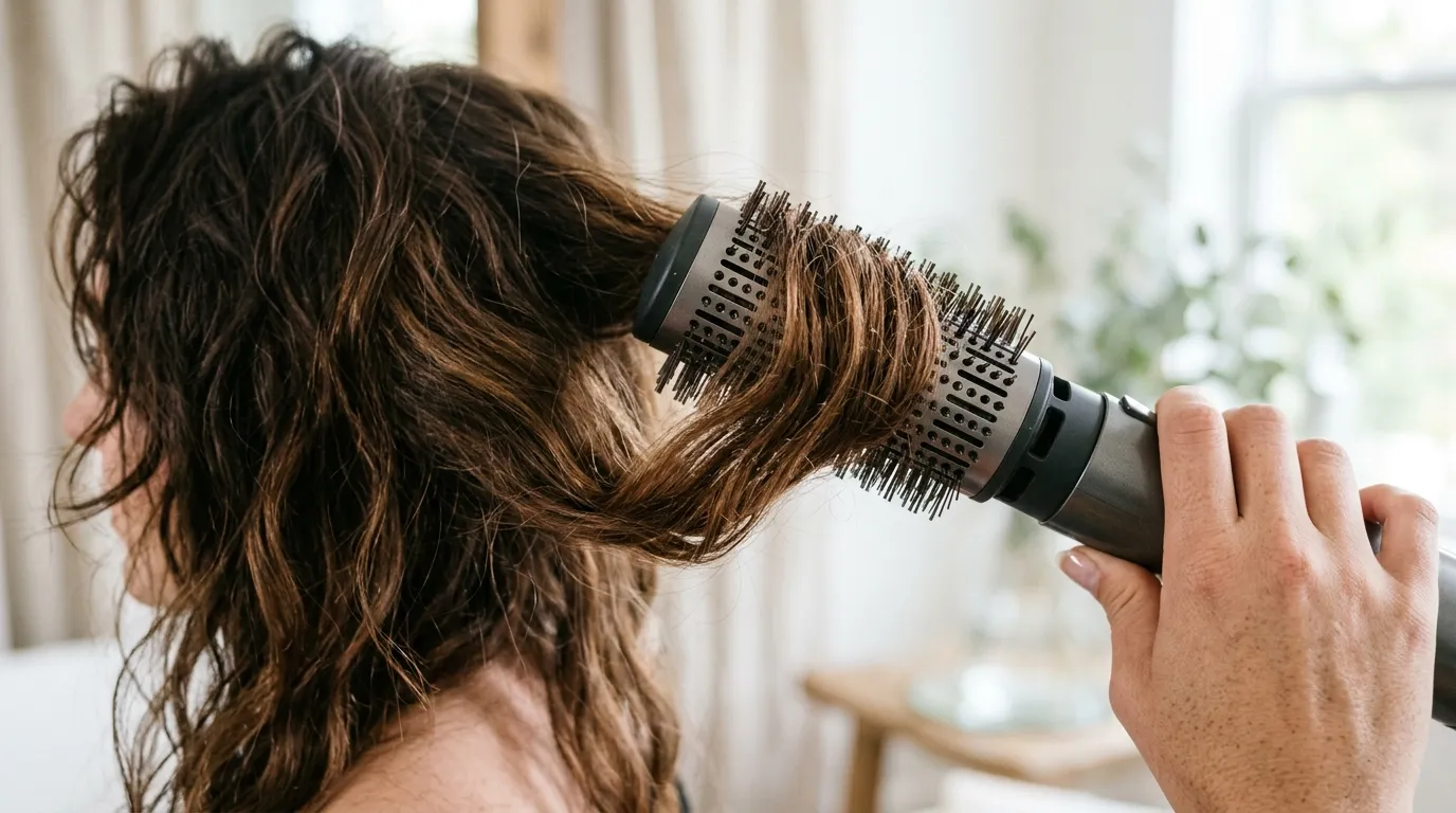 Detailní záběr na proudění vzduchu z trysky profesionálního styleru při úpravě pramene vlasů