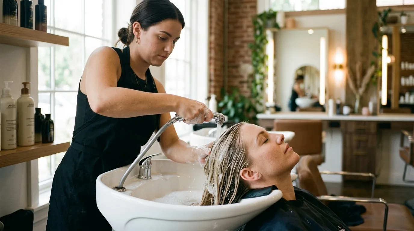 Mytí blond vlasů v kadeřnickém salonu