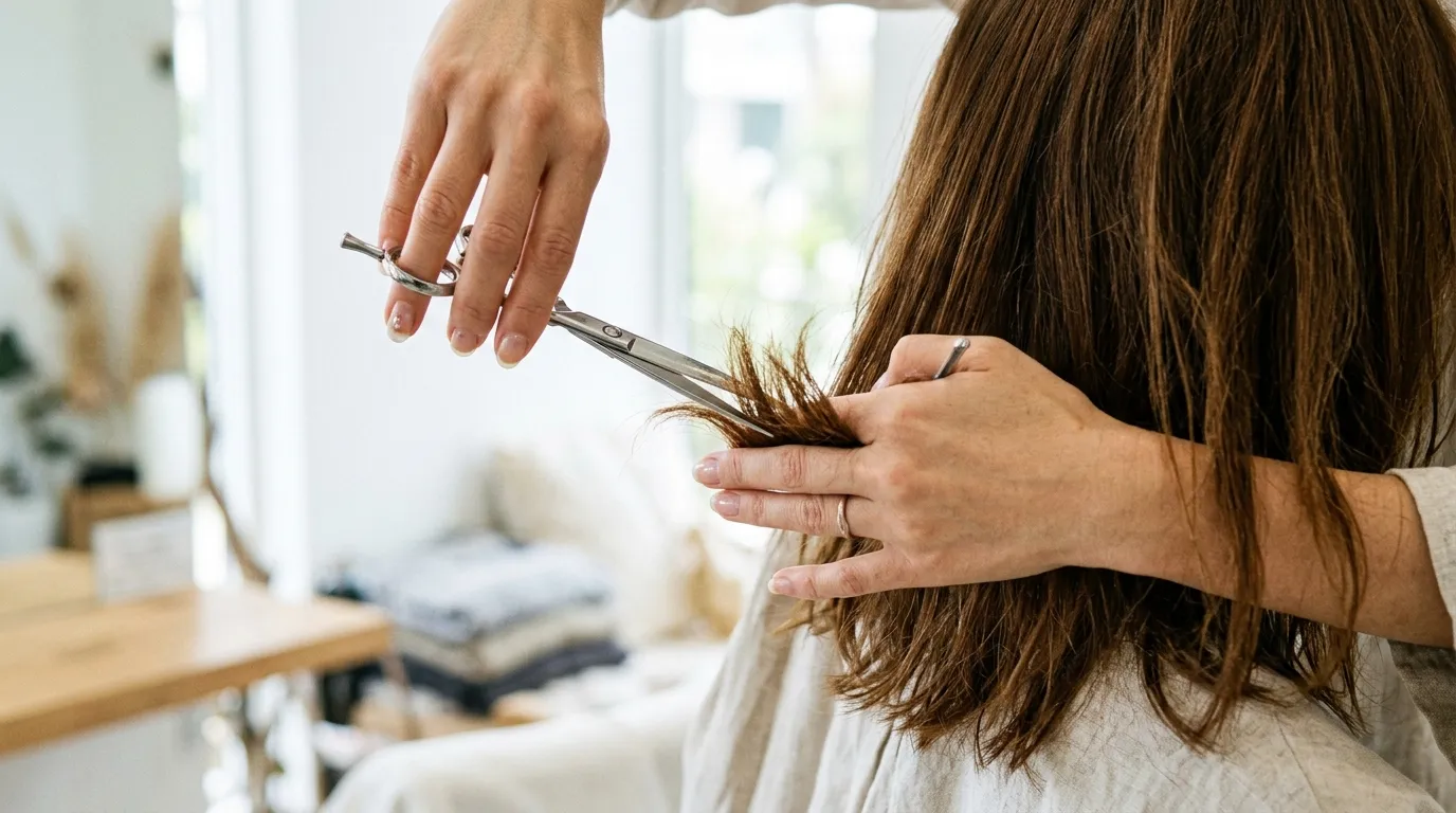 Detailní pohled na nůžky stříhající konečky vlasů technikou point cut