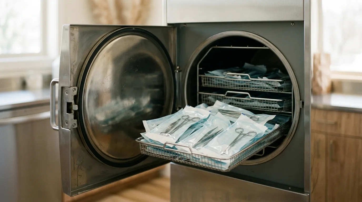 Otevřený parní sterilizátor třídy B se sterilizačními sáčky s pedikérskými nástroji