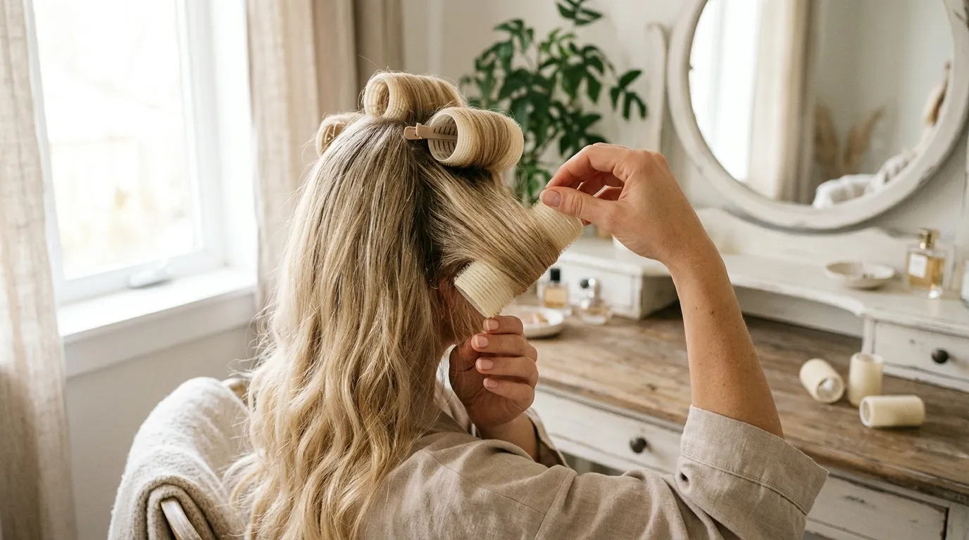 Detailní záběr na ruce natáčející prameny dlouhých blond vlasů na natáčky