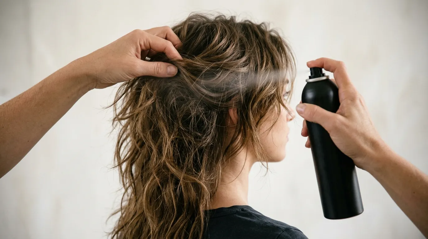 Detailní záběr na ruce nanášející stylingový sprej do vrstvených vlasů