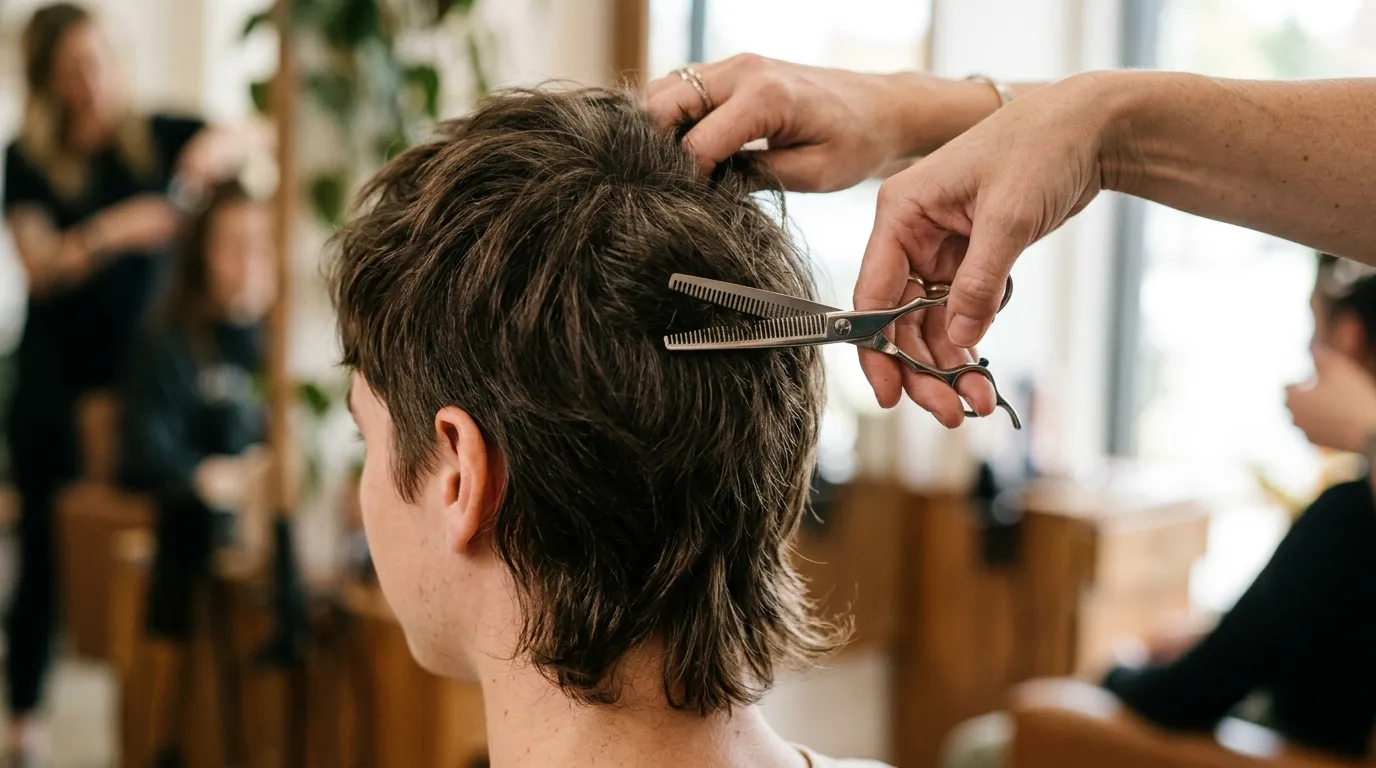 Detailní záběr rukou stylisty texturujícího krátký mullet nůžkami