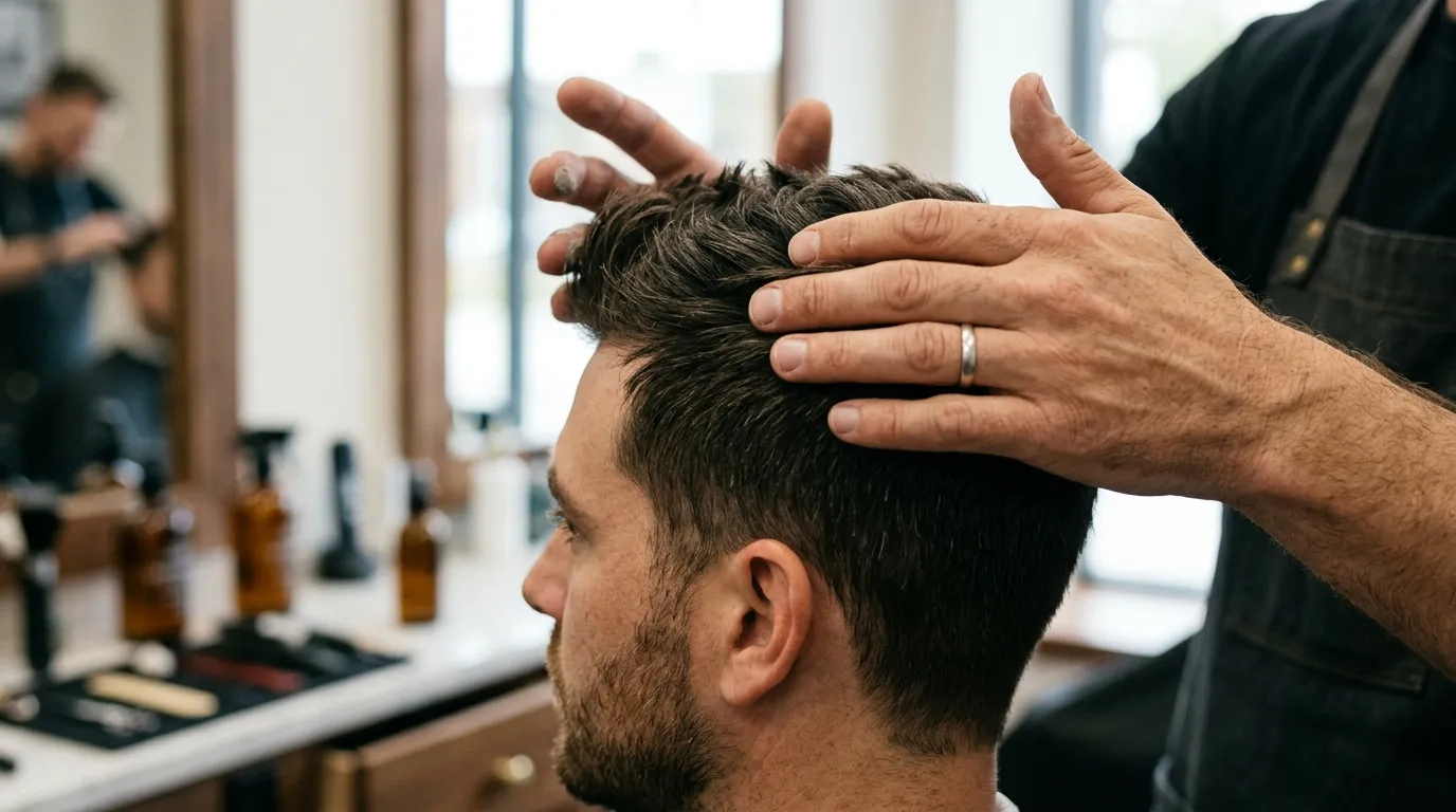 Ruce barbera nanášející matnou hlínu do krátkých vlasů pro strukturovaný účes