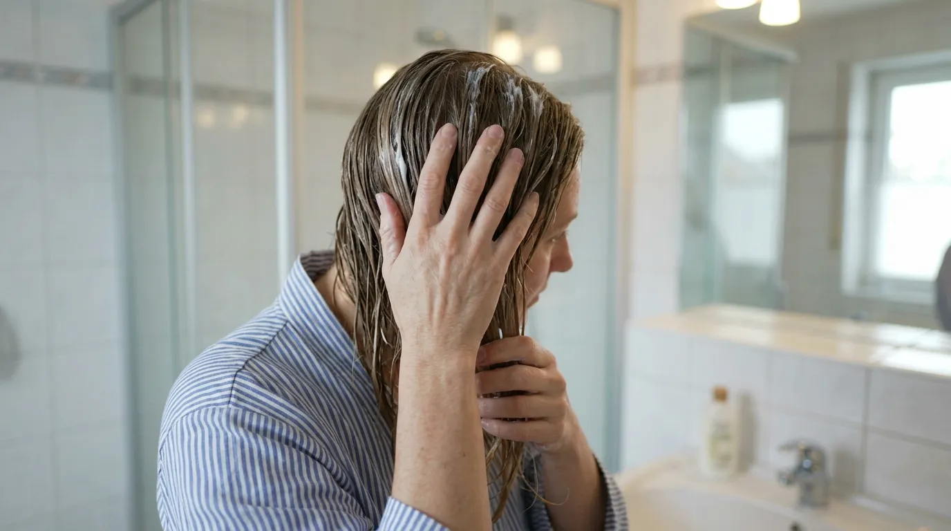 Žena si jemně oplachuje dlouhé vlasy pod sprchou, voda stéká po vlasech