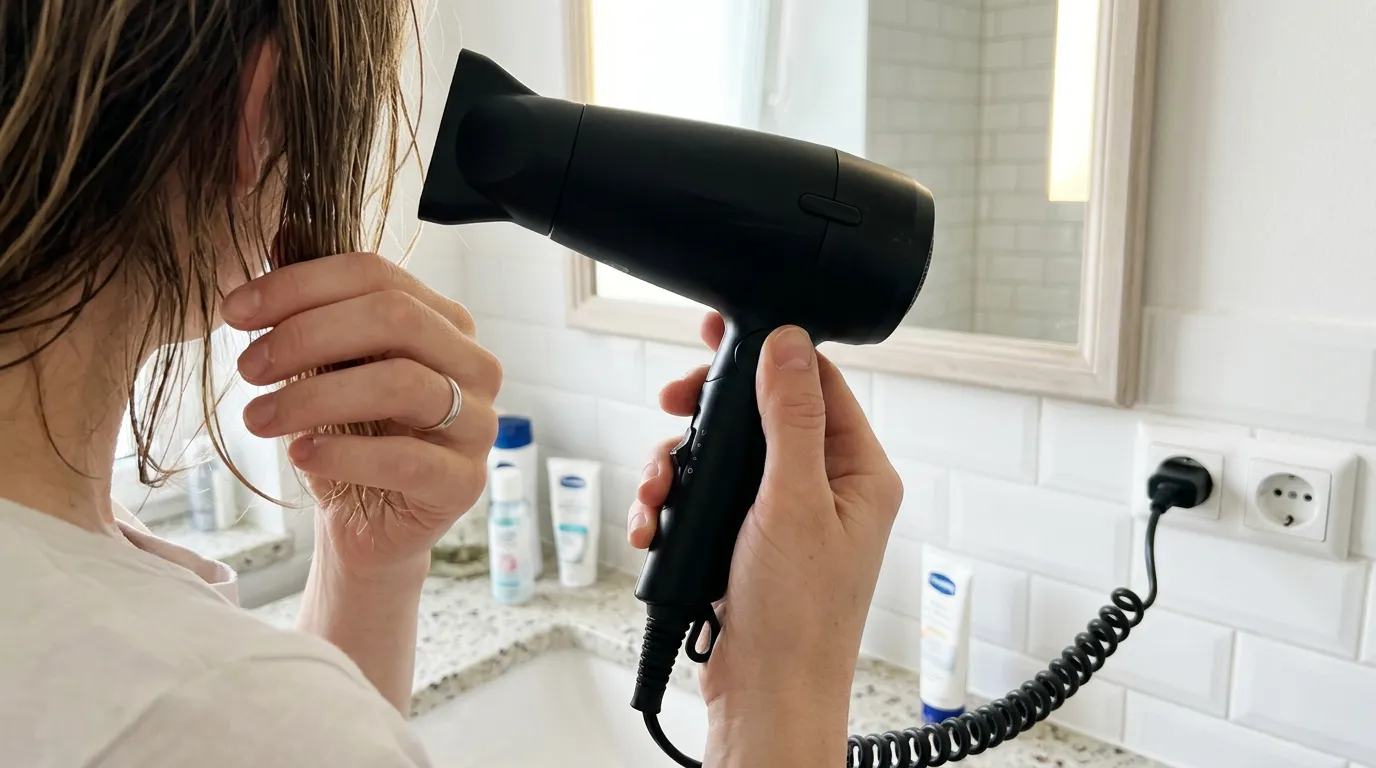 Žena si suší dlouhé vlasy fénem v koupelně