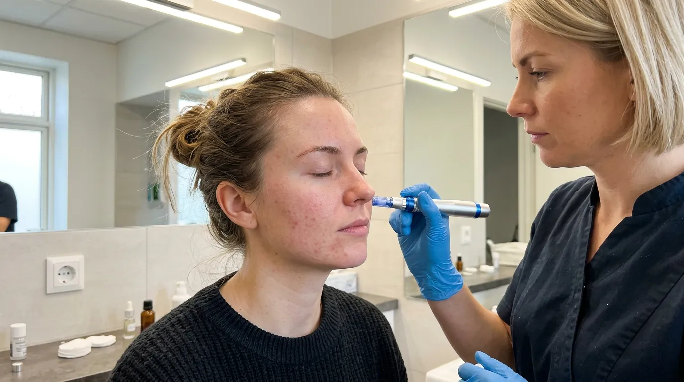 Detail rukou držících microneedling zařízení na pleti