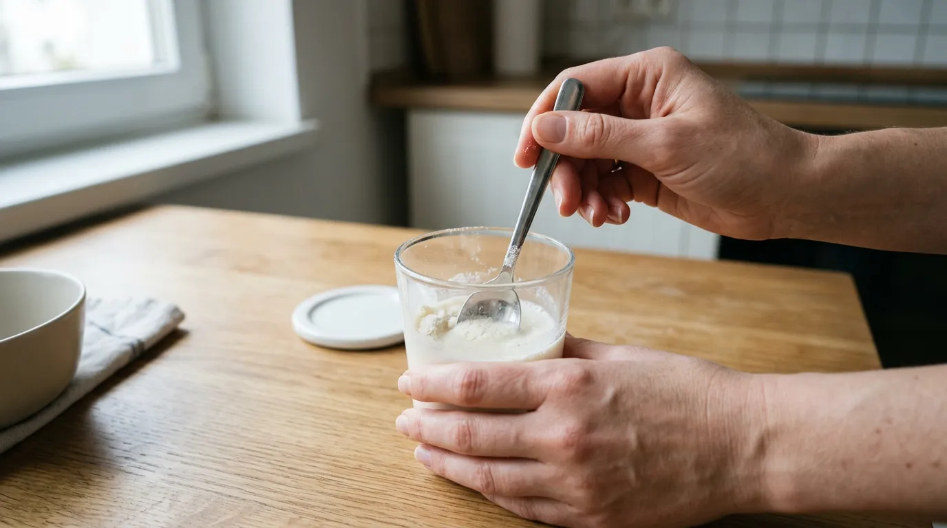 Žena drží láhev s kolagenovým doplňkem stravy