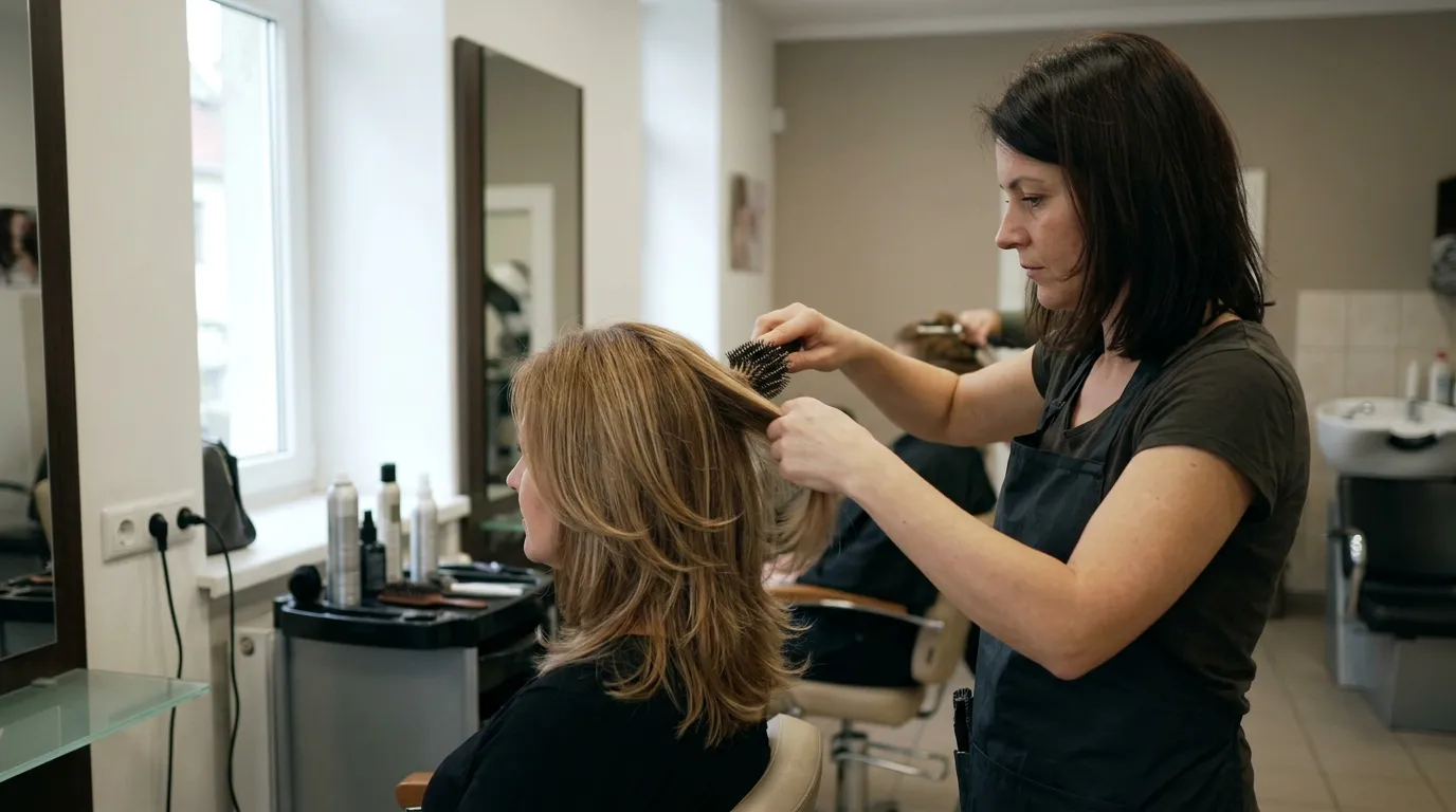 Žena s kulatým obličejem se usmívá v kadeřnickém salonu, připravená na nový účes