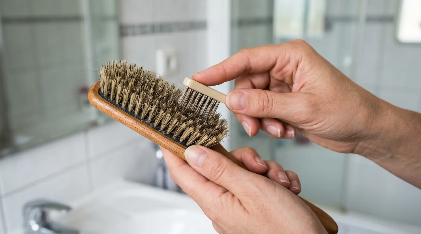 Žena čistící kartáč na vlasy od vlasů a nečistot