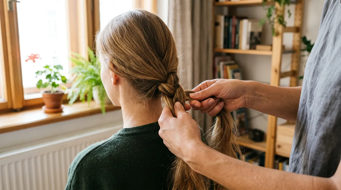 Žena si natáčí dlouhé vlasy pomocí látkových proužků pro vytvoření vln