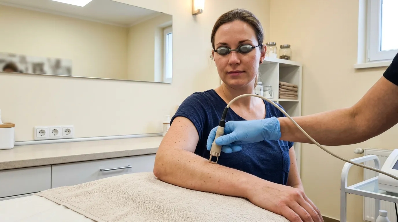 Laserové zařízení odstraňující chloupky z nohy klientky