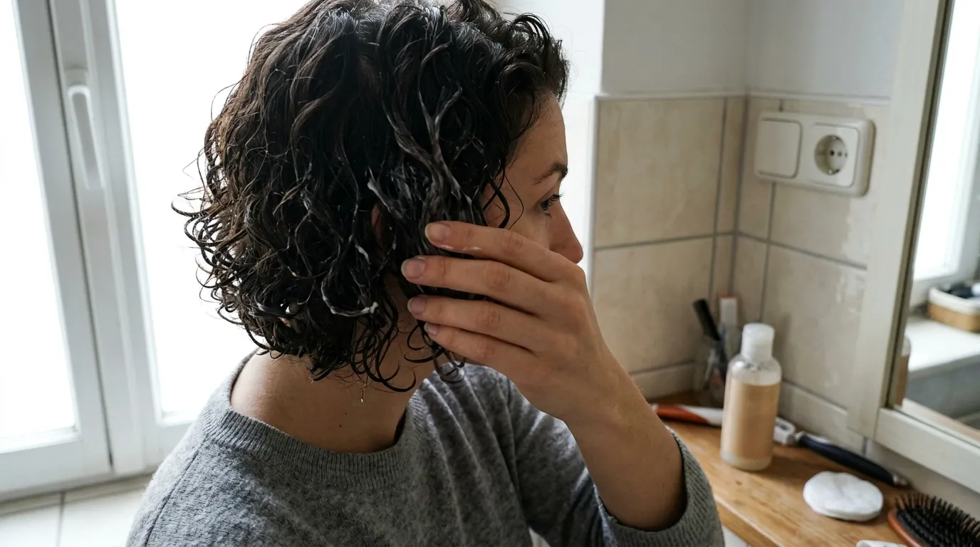 Muž si upravuje kudrnaté vlasy