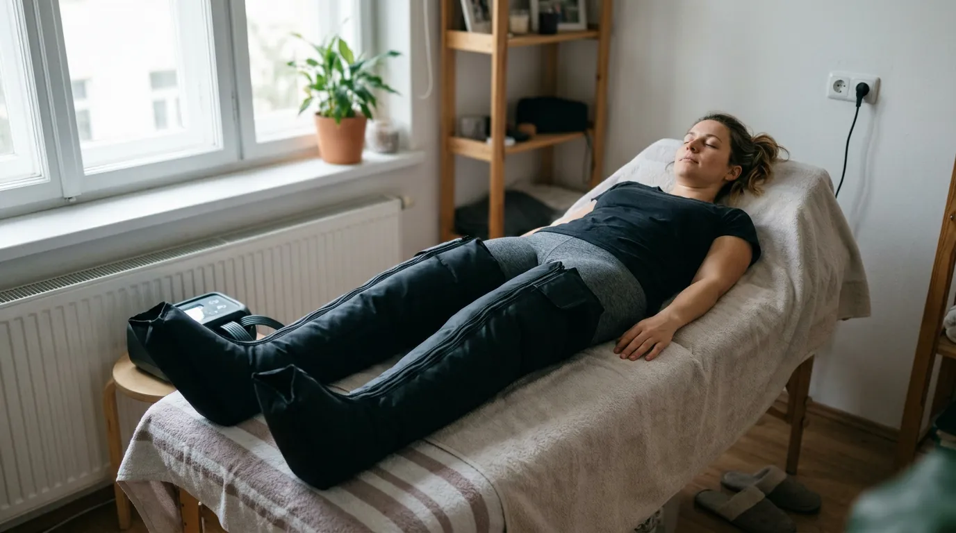 Terapeut provádí manuální lymfodrenáž na noze klienta jemnými tahy