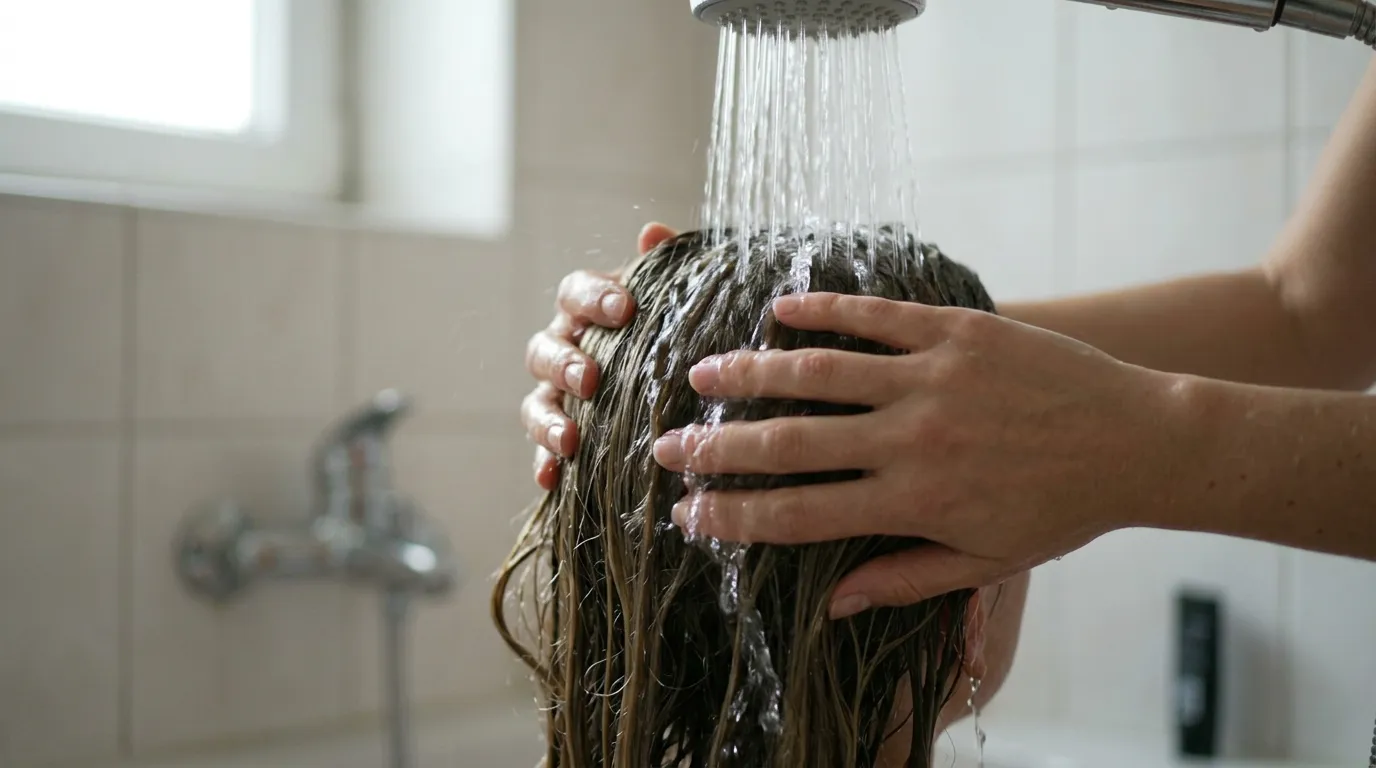 Žena si nanáší masku na mokré vlasy v koupelně