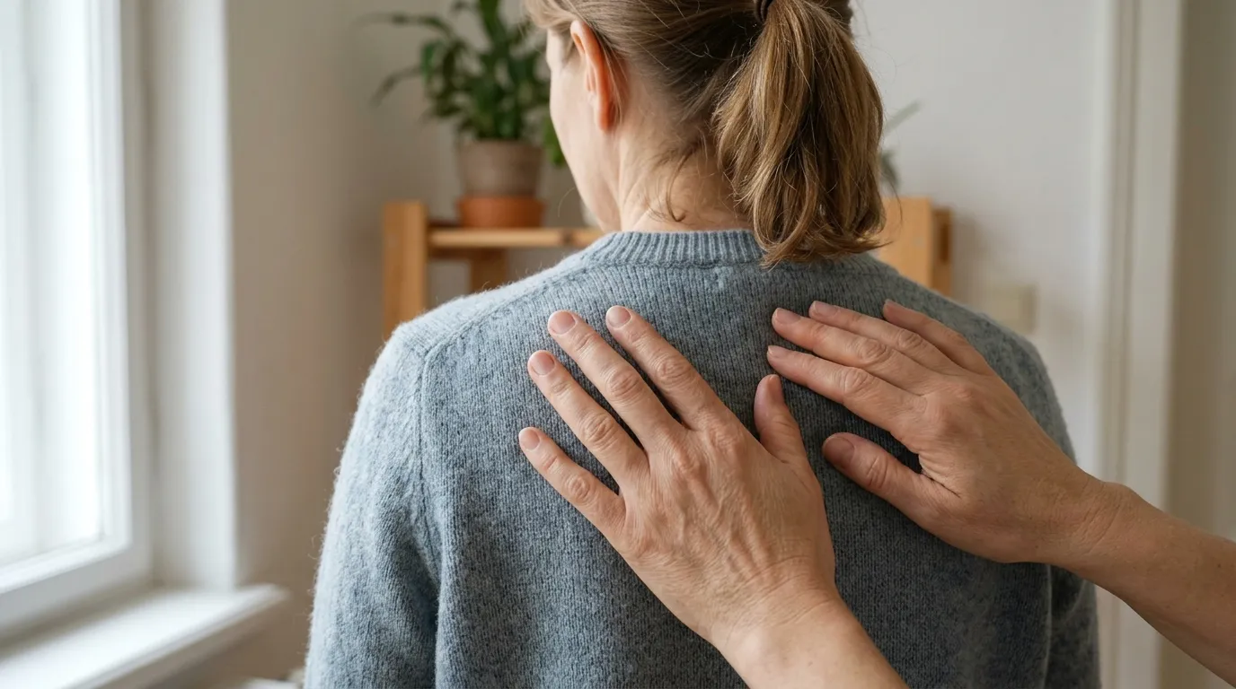 Žena s jemným dotekem na paži v klidné místnosti